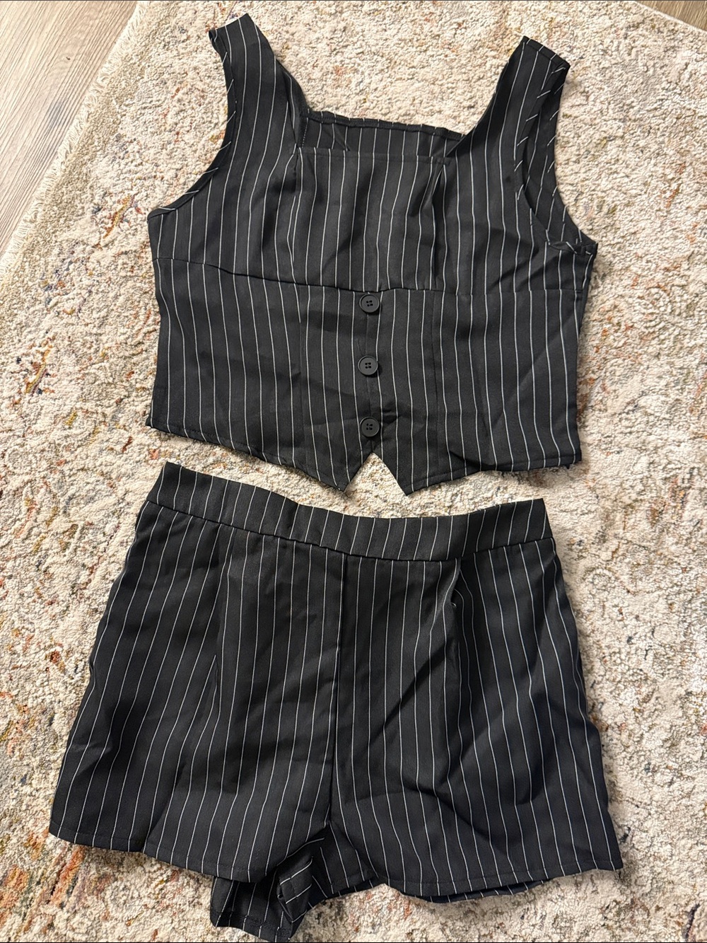 SHEIN Black Pinstripe Cropped Vest & High-Waist Shorts Set